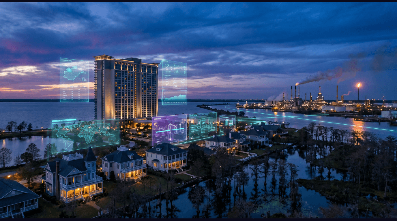 Lake Charles skyline with the L'Auberge Casino Resort tower, Calcasieu Ship Channel petrochemical complex flares, Charpentier Historic District Victorian homes, Creole Nature Trail wetlands, and Lake Calcasieu against a dark navy sky with cyan and purple holographic data panels