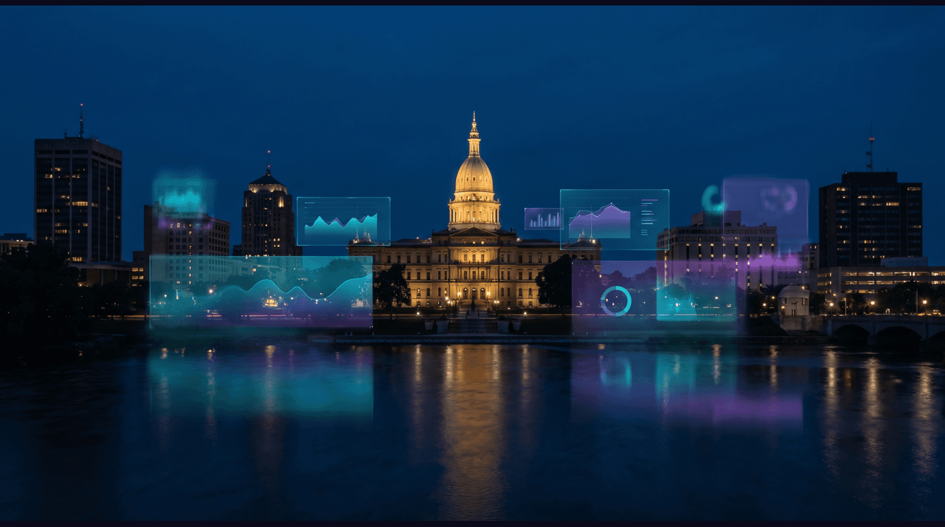 Lansing skyline with the Michigan State Capitol dome, Michigan State University's Sparty statue, the Grand River waterfront, and Old Town against a dark navy sky with cyan and purple holographic data panels