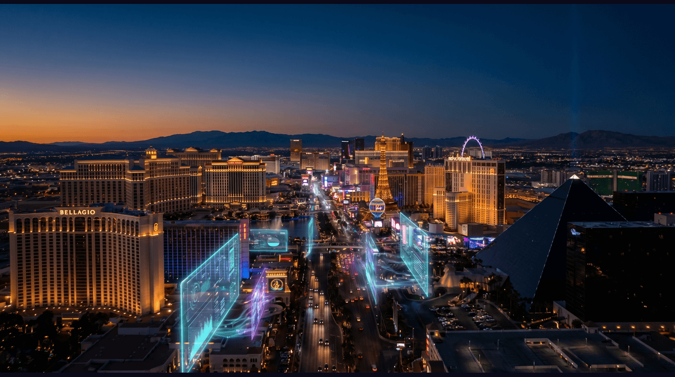 Las Vegas skyline with the Strip resort towers, Bellagio Fountains, Fremont Street Experience canopy, Allegiant Stadium, Sphere venue, and Mojave desert backdrop against a dark navy sky with cyan and purple holographic data panels