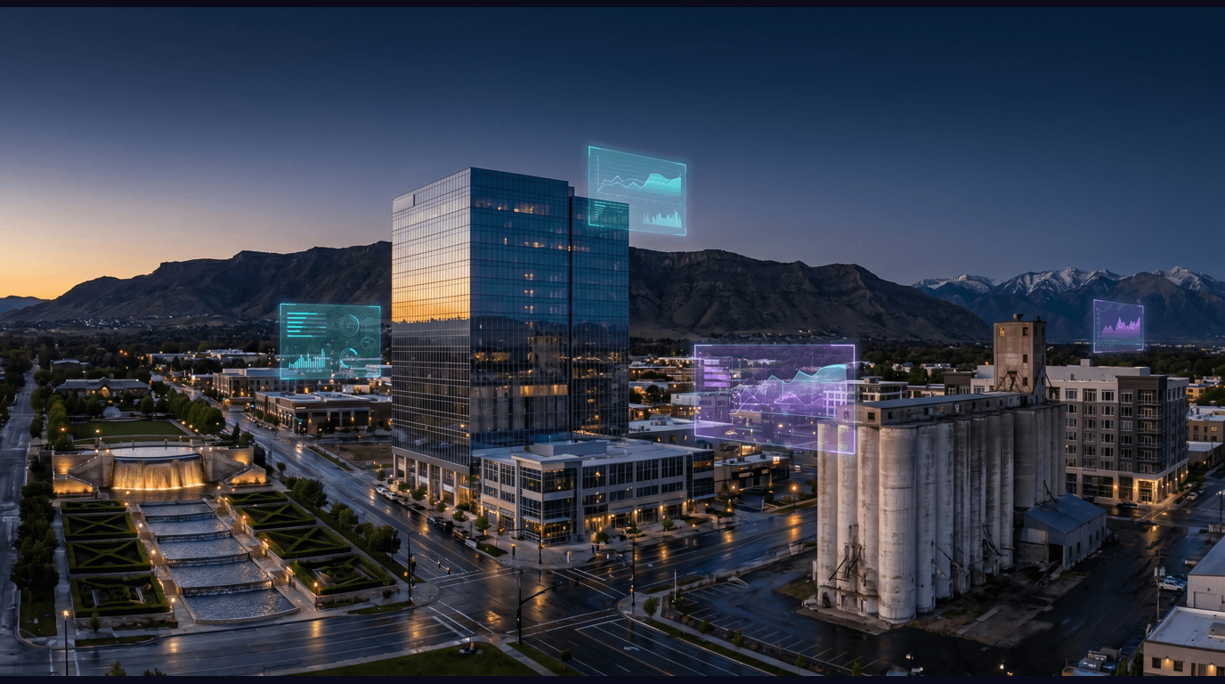 Lehi skyline with Adobe Tower, Traverse Mountain ridge, Thanksgiving Point waterfall, Lehi Roller Mills, and Wasatch Range peaks against a dark navy sky with cyan and purple holographic data panels
