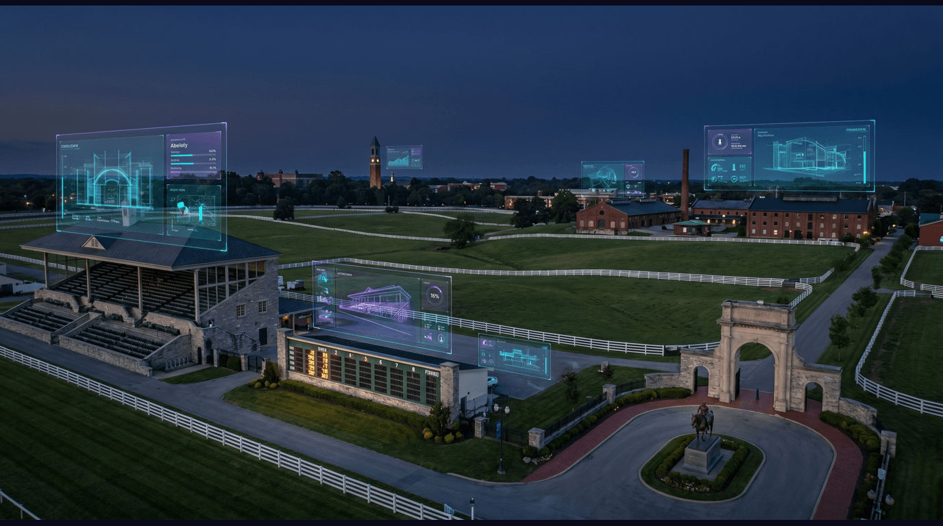 Lexington skyline with Keeneland Race Course grandstand, Kentucky Horse Park entrance, Bluegrass thoroughbred pastures, the University of Kentucky Memorial Hall, and the Distillery District against a dark navy sky with cyan and purple holographic data panels