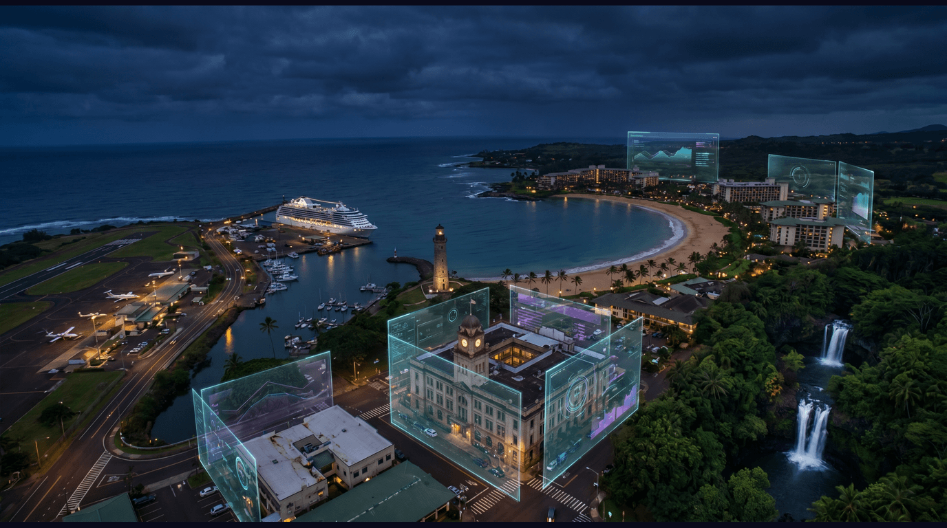 Lihue skyline with Lihue Airport, Nawiliwili Harbor, Kalapaki Beach, Kauai Museum, and Wailua Falls against a dark navy sky with cyan and purple holographic data panels