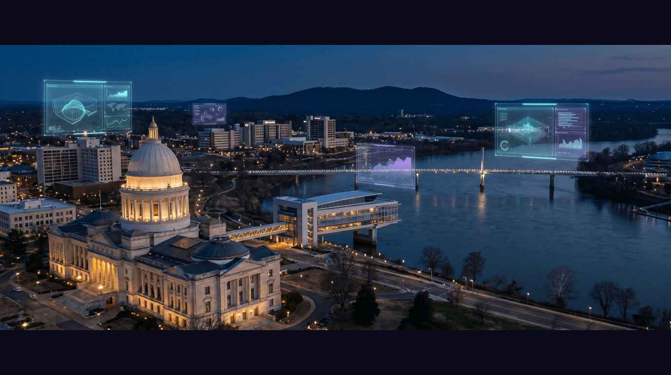 Little Rock skyline with the Arkansas State Capitol, Clinton Presidential Library, the Big Dam Bridge over the Arkansas River, the UAMS medical campus, and Pinnacle Mountain backdrop against a dark navy sky with cyan and purple holographic data panels