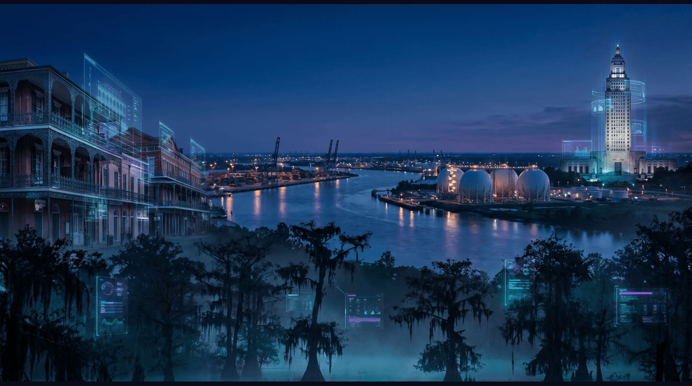 Louisiana skyline with the New Orleans French Quarter ironwork, Louisiana State Capitol tower in Baton Rouge, Mississippi River industrial corridor, Cameron Parish LNG export terminals, and Acadiana cypress swamp against a dark navy sky with cyan and purple holographic data panels
