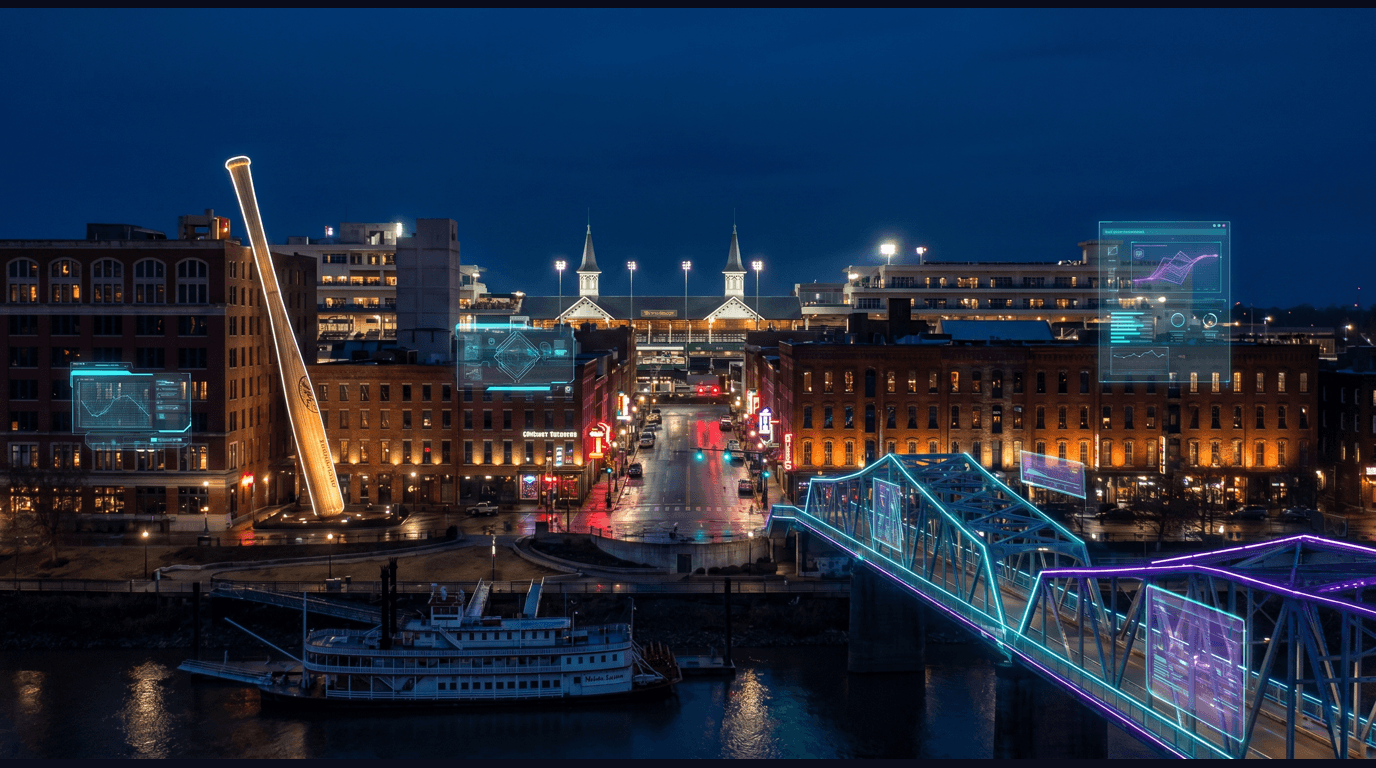 Louisville skyline with Churchill Downs twin spires, Whiskey Row distillery warehouses, the Louisville Slugger bat sculpture, the Big Four Bridge, and Ohio River waterfront against a dark navy sky with cyan and purple holographic data panels