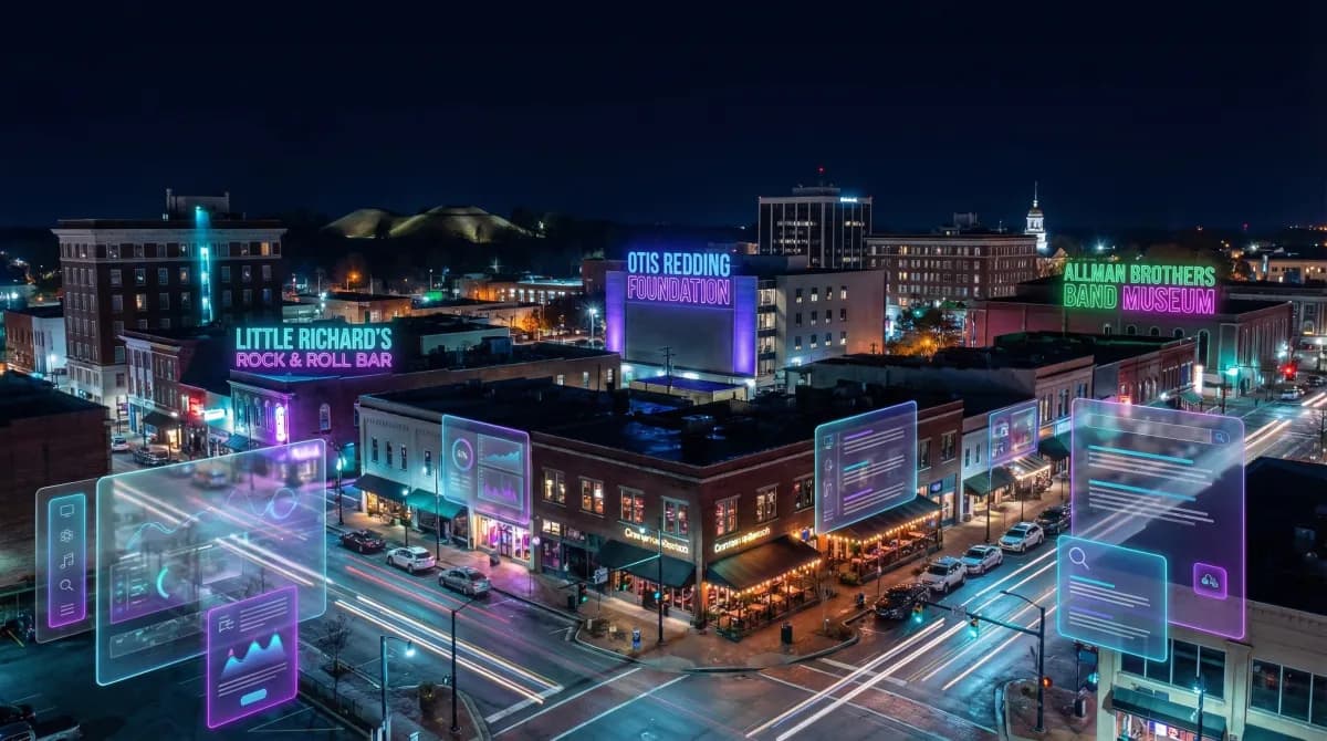 Nighttime Macon skyline with neon signs honoring music legends, the Ocmulgee Mounds visible in the distance, and downtown Macon restaurants glowing, overlaid with holographic AI search result cards.