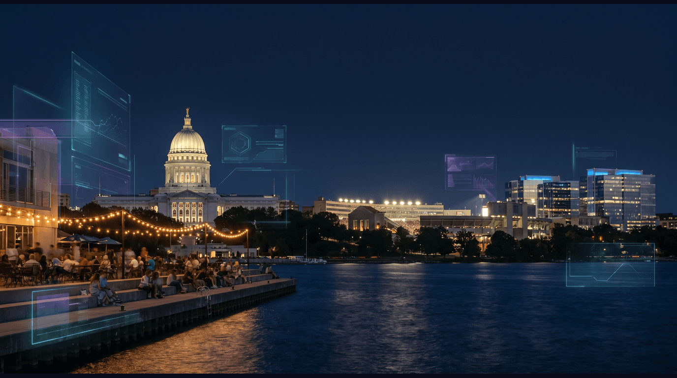 Madison skyline with the Wisconsin State Capitol granite dome on the isthmus, Lake Mendota shoreline, Memorial Union Terrace sunburst chairs, Camp Randall Stadium, and the Epic Systems Verona campus against a dark navy sky with cyan and purple holographic data panels