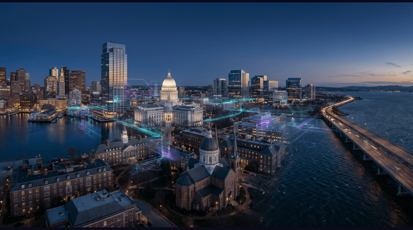 Maryland skyline with the Baltimore Inner Harbor and World Trade Center, the Maryland State House dome in Annapolis, the United States Naval Academy chapel, the Bethesda Lockheed Martin headquarters, and the Chesapeake Bay Bridge against a dark navy sky with cyan and purple holographic data panels