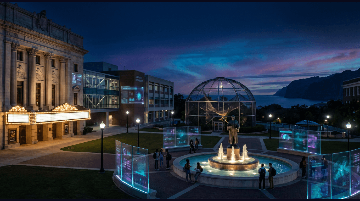 Mayagüez skyline with the University of Puerto Rico at Mayagüez Stefani engineering building, the Yagüez Theatre facade, Plaza Colón fountain, Mayagüez Zoo aviary, and Mona Island sea cliffs against a dark navy sky with cyan and purple holographic data panels