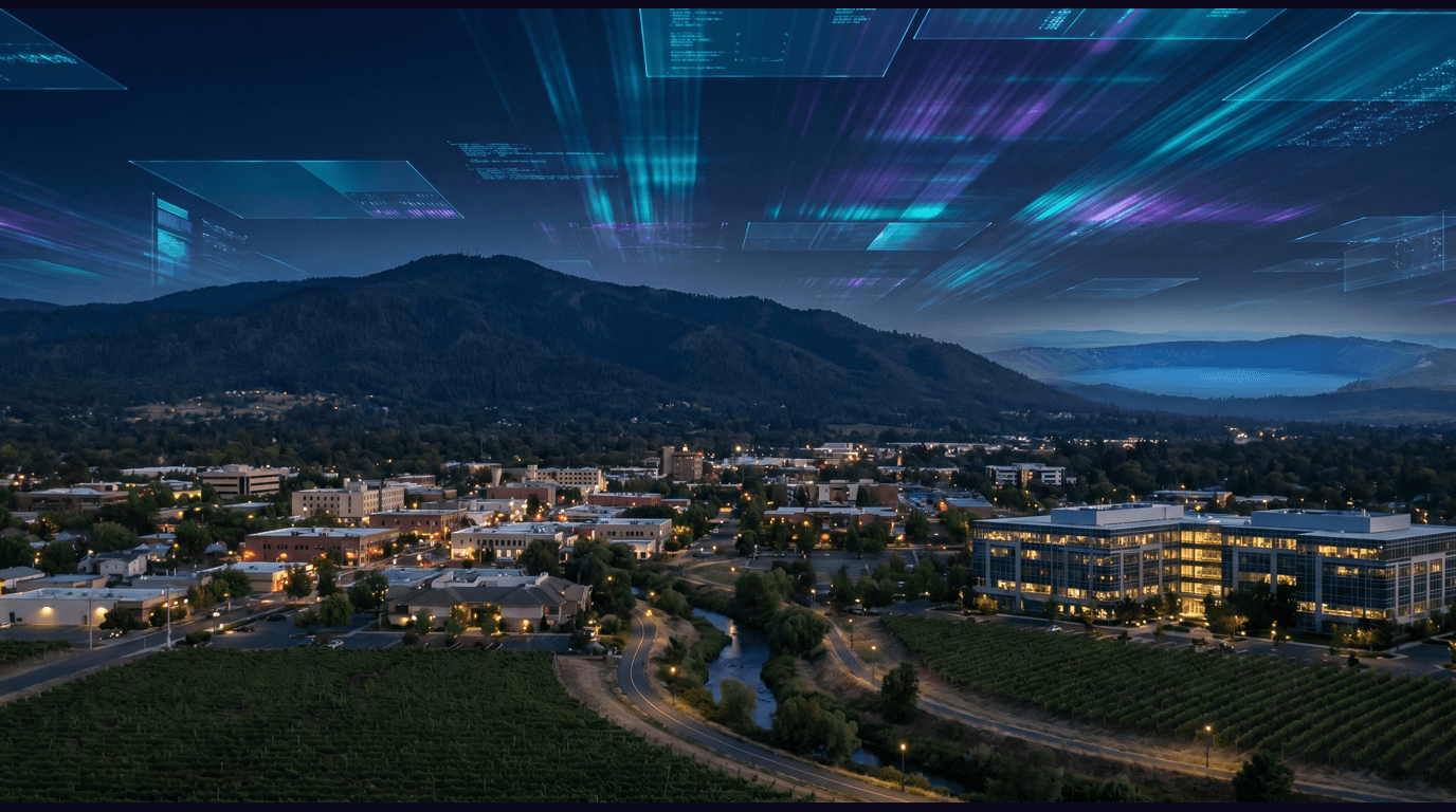 Medford skyline with Roxy Ann Peak summit, Lithia Motors corporate campus, Crater Lake caldera in the distance, Rogue Valley vineyard rows, and Bear Creek riverfront against a dark navy sky with cyan and purple holographic data panels