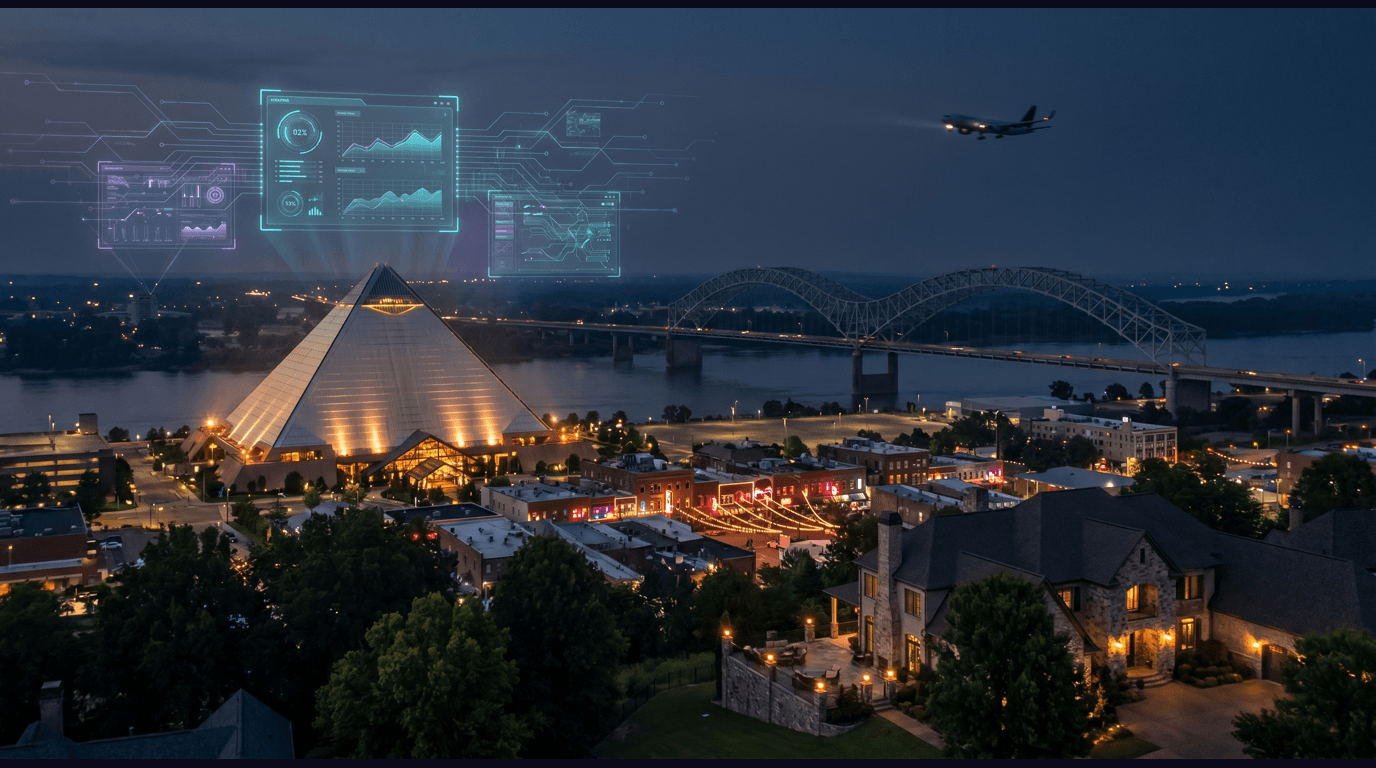 Memphis skyline with the Pyramid on the Mississippi River, Beale Street entertainment corridor, Graceland mansion, FedEx SuperHub cargo jets, and the Hernando de Soto Bridge against a dark navy sky with cyan and purple holographic data panels
