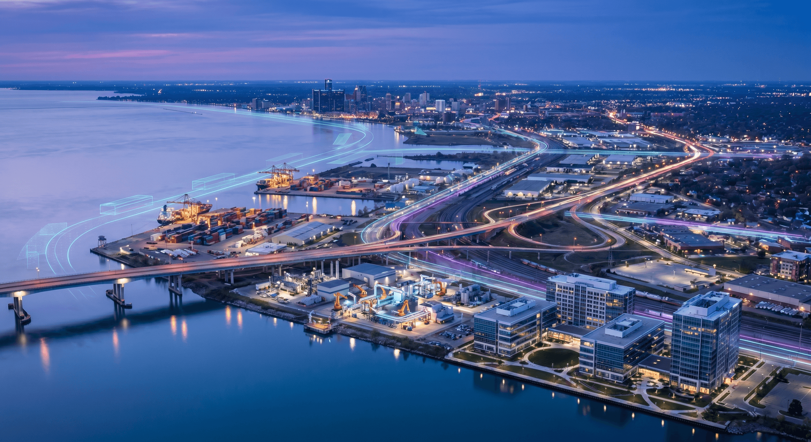 A nighttime Detroit skyline and riverfront scene with illuminated towers, the Renaissance Center area, and a cyan purple holographic AR overlay tracing data pathways above downtown and the water.