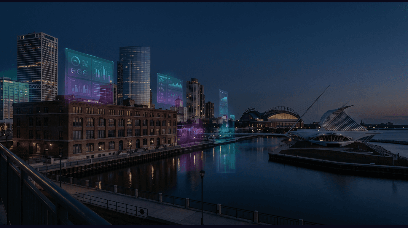 Milwaukee skyline with the Calatrava-designed Milwaukee Art Museum wings open over Lake Michigan, U.S. Bank Center tower, Harley-Davidson Museum, American Family Field retractable roof, and the Milwaukee Riverwalk against a dark navy sky with cyan and purple holographic data panels