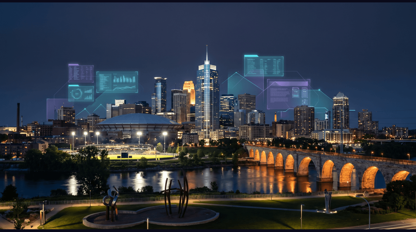 Minneapolis skyline with the IDS Center, U.S. Bank Stadium, Target Field, Stone Arch Bridge over the Mississippi River, and Minneapolis Sculpture Garden against a dark navy sky with cyan and purple holographic data panels