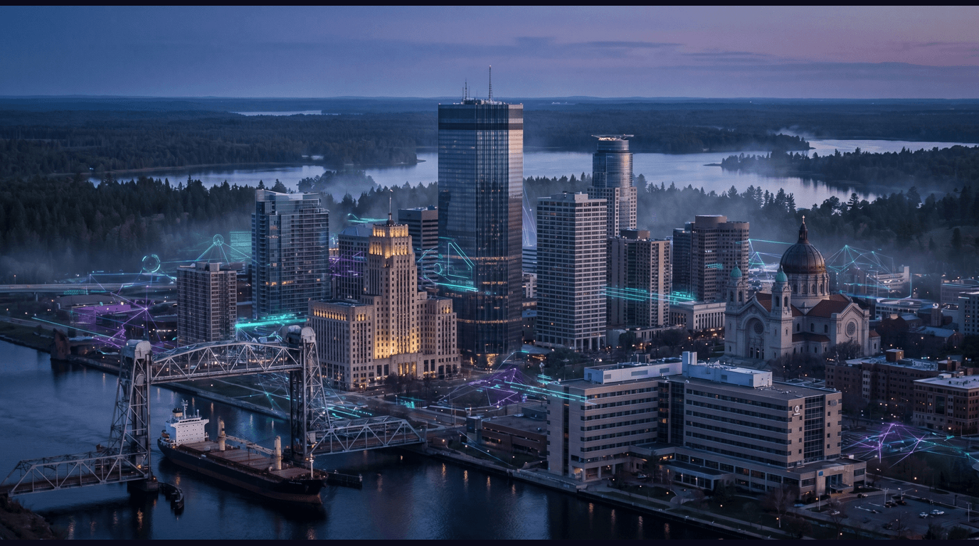 Minnesota skyline with Minneapolis Foshay Tower, Saint Paul Cathedral, Mayo Clinic Plummer Building, Duluth Aerial Lift Bridge over Lake Superior, and Boundary Waters lakes against a dark navy sky with cyan and purple holographic data panels