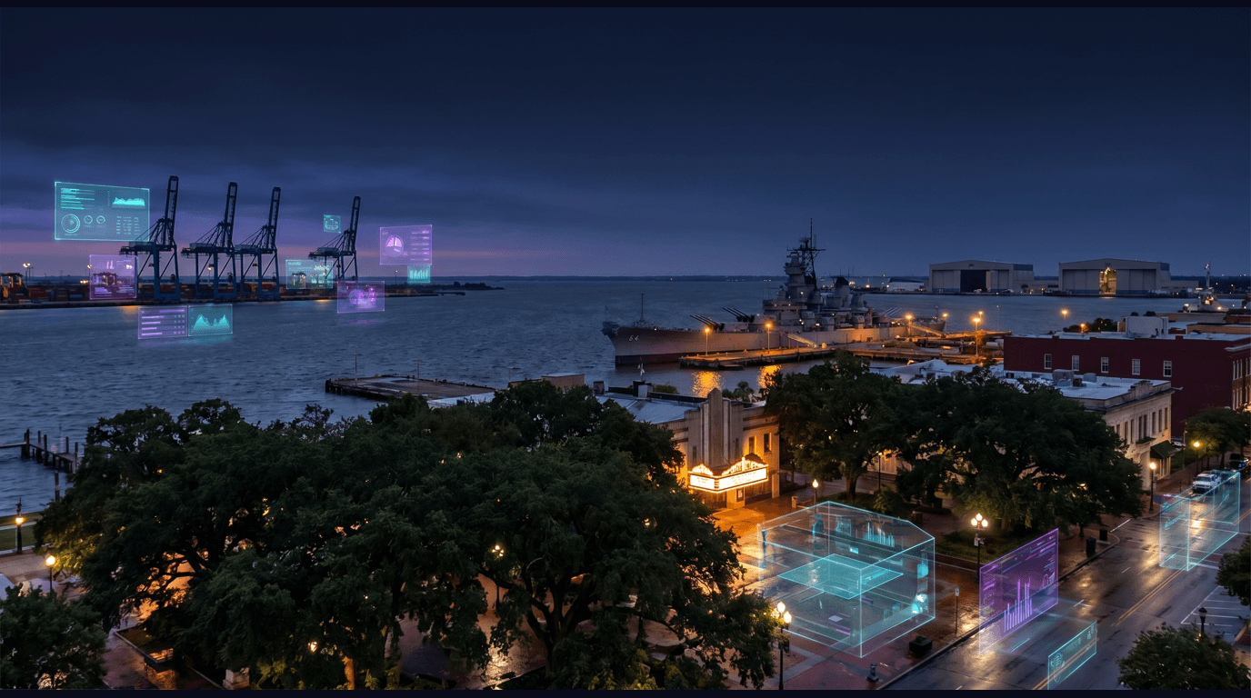 Mobile skyline with Port of Mobile container cranes, the USS Alabama battleship in Mobile Bay, Airbus assembly hangars at Brookley, Bienville Square's live oaks, and the Saenger Theatre marquee against a dark navy sky with cyan and purple holographic data panels