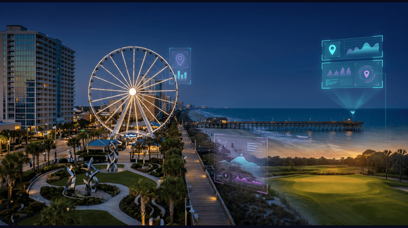 Myrtle Beach skyline with the SkyWheel observation wheel along the Boardwalk, the Myrtle Beach Pier extending into the Atlantic, oceanfront resort towers, a Grand Strand golf course green, and Brookgreen Gardens sculpture against a dark navy sky with cyan and purple holographic data panels