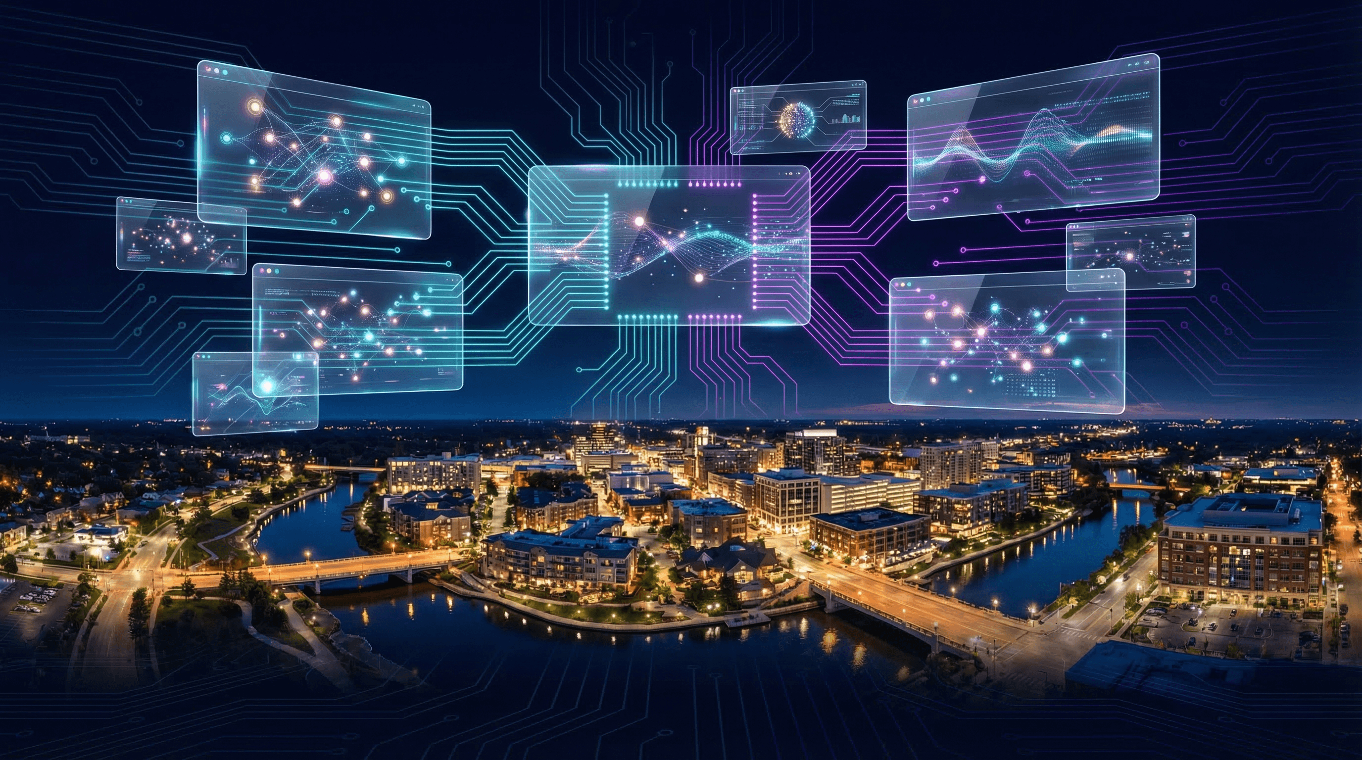 Naperville Riverwalk at night with illuminated bridges and Naperville skyline, holographic AI search overlays