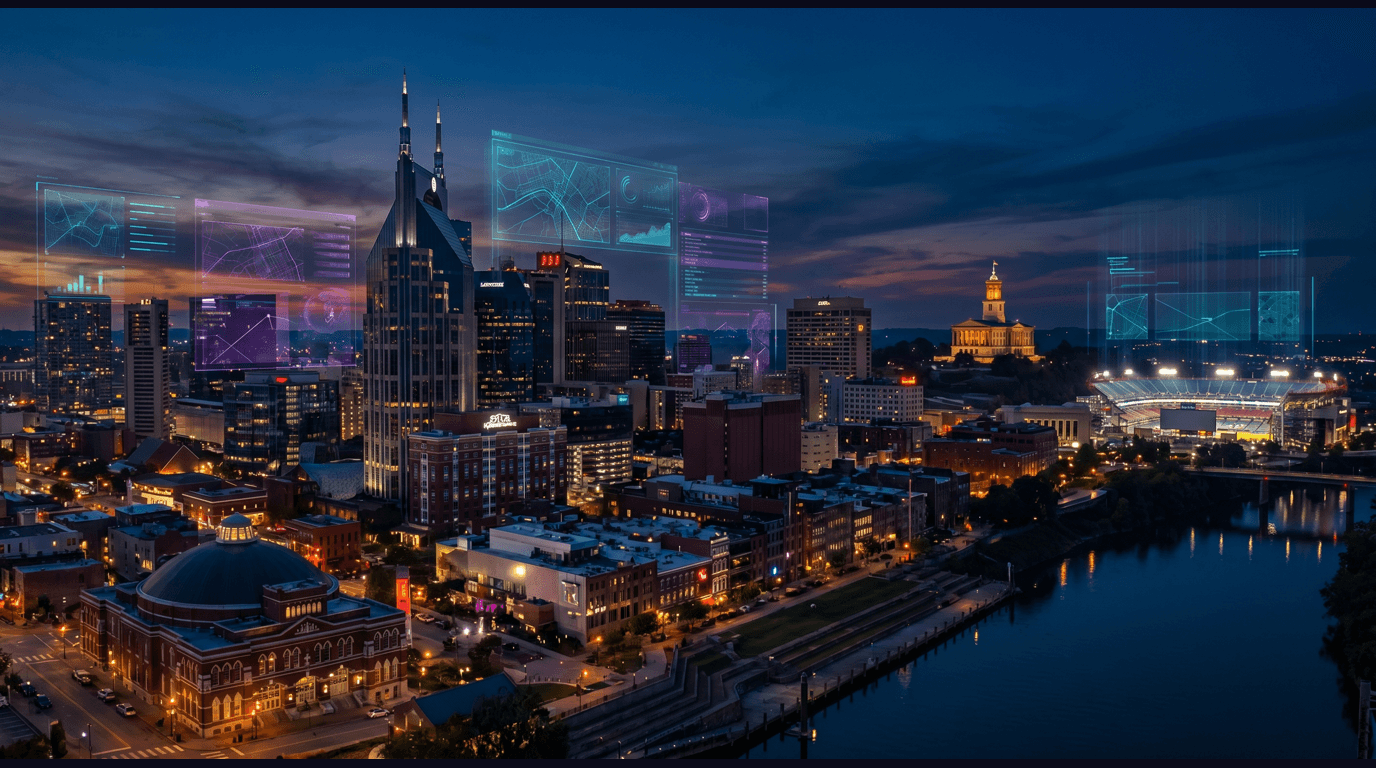 Nashville skyline with the Batman Building, Ryman Auditorium, Country Music Hall of Fame, Nissan Stadium on the Cumberland River, and the Tennessee State Capitol on the hill against a dark navy sky with cyan and purple holographic data panels