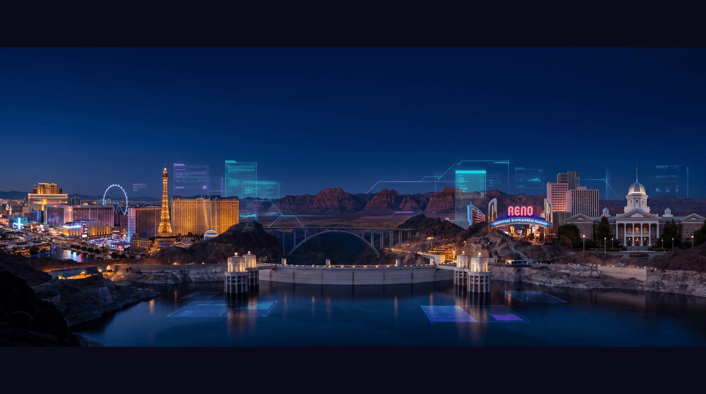 Nevada skyline with Las Vegas Strip resort towers, Hoover Dam, Lake Tahoe waterfront, Tesla Gigafactory at Tahoe Reno Industrial Center, and Mojave desert landscape against a dark navy sky with cyan and purple holographic data panels