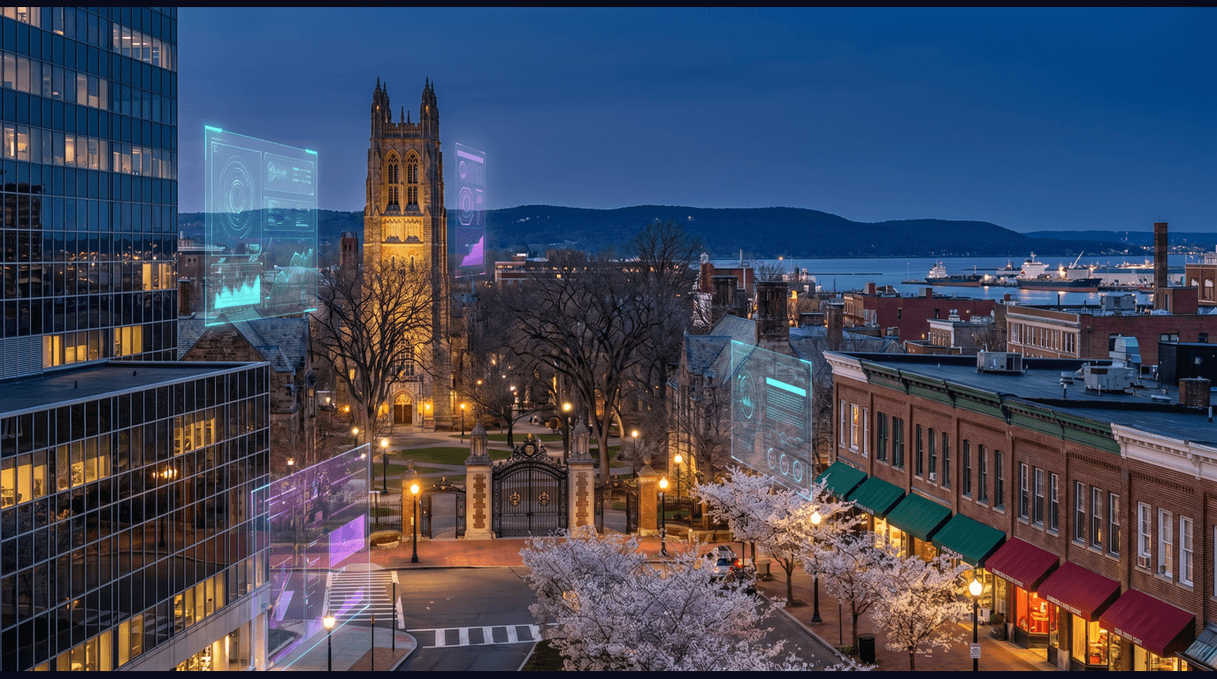 New Haven skyline with Yale University Old Campus gates, Knights of Columbus tower, Wooster Square pizza district, East Rock ridge, and New Haven Harbor against a dark navy sky with cyan and purple holographic data panels