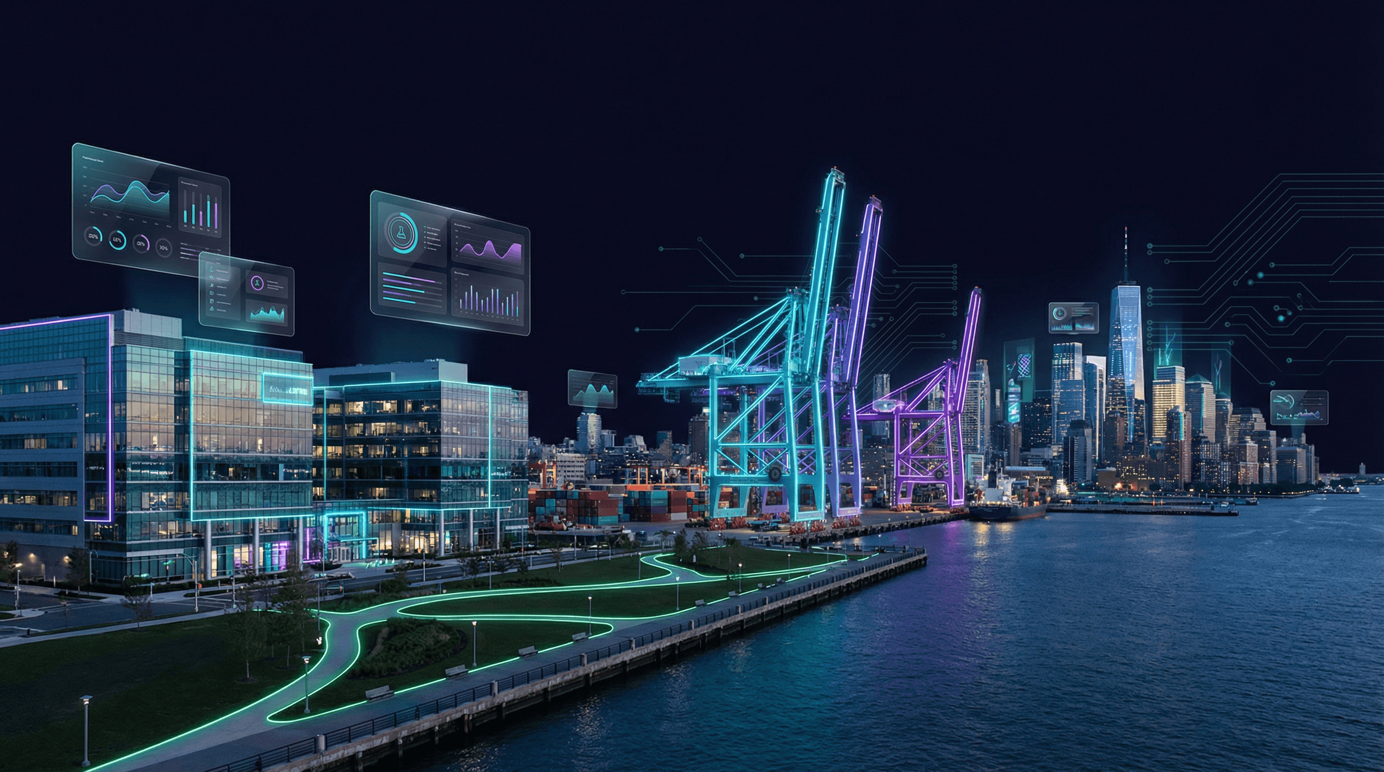 New Jersey skyline with pharmaceutical laboratories, port container cranes, Liberty State Park waterfront, and financial district towers against a dark navy sky with cyan and purple circuit board patterns and glassmorphism data panels