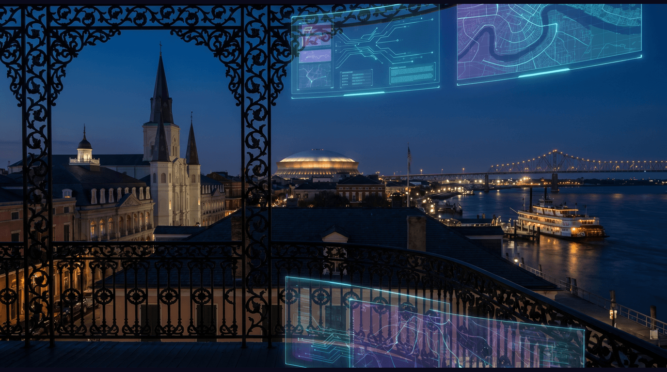 New Orleans skyline with the French Quarter ironwork balconies, St. Louis Cathedral spires, Caesars Superdome dome, Crescent City Connection bridge, and Mississippi River steamboat against a dark navy sky with cyan and purple holographic data panels