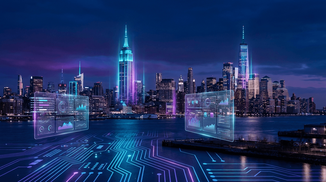 3D stylized render of the New York City skyline at dusk, featuring the Empire State Building and One World Trade Center in cyan and purple gradient lighting, representing AI-powered business optimization in New York State