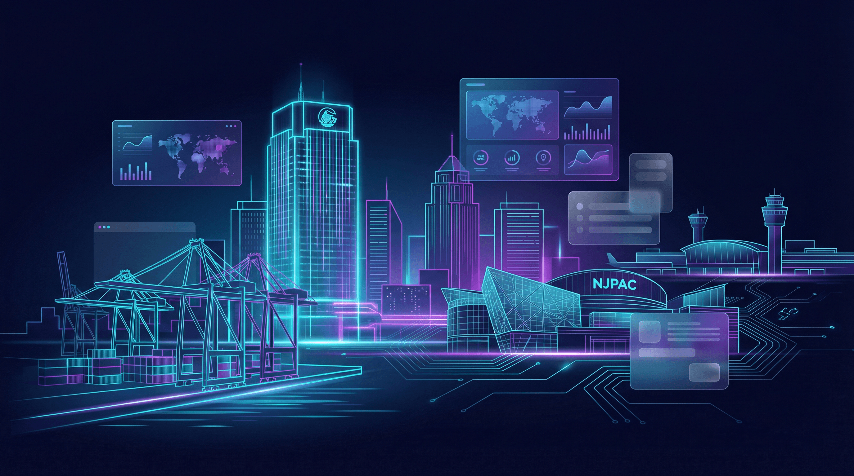 Newark skyline with Prudential Financial tower, port container cranes, NJPAC performing arts center, and Newark Liberty airport against a dark navy sky with cyan and purple holographic data panels
