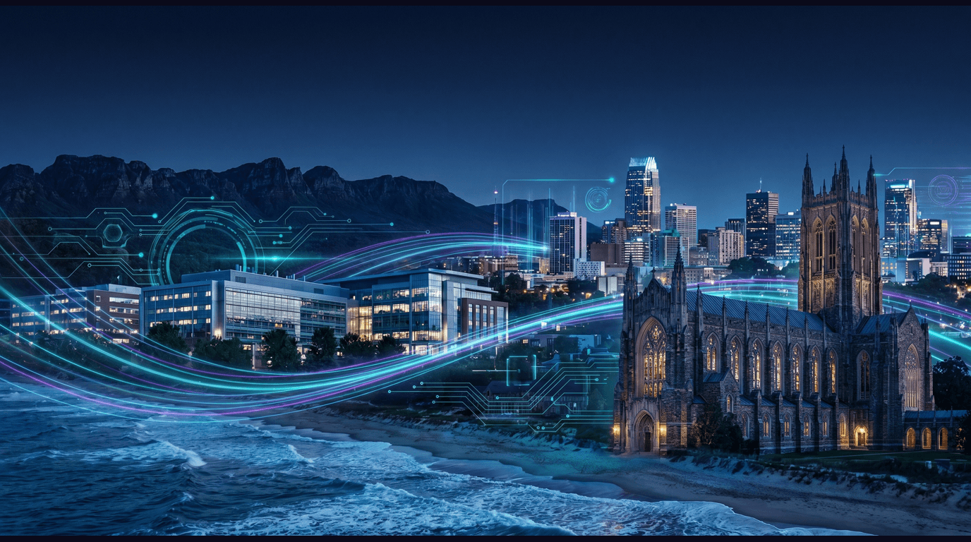 North Carolina skyline with Charlotte Bank of America Tower, Research Triangle Park research campus, Duke University Chapel, Blue Ridge Parkway mountains, and Outer Banks coastline against a dark navy sky with cyan and purple holographic data panels