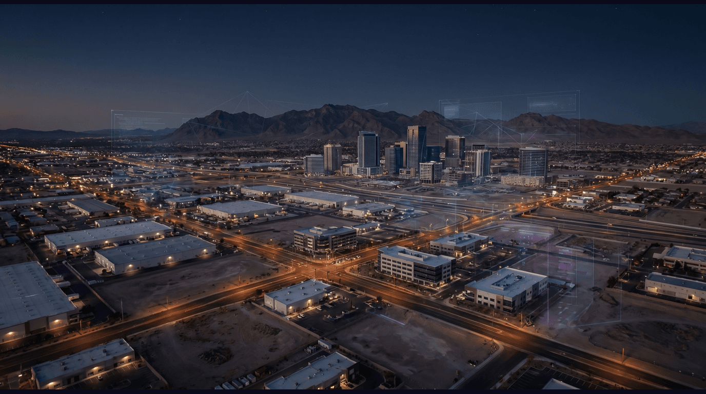 North Las Vegas skyline with Apex Industrial Park, Nellis Air Force Base flight line, Aliante community, Craig Ranch Regional Park Pavilion, and Sheep Range mountain backdrop against a dark navy sky with cyan and purple holographic data panels