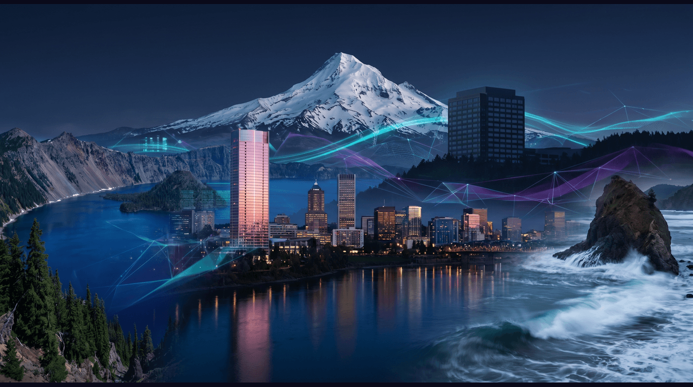 Oregon skyline with Portland's Pearl District, Mount Hood snowy summit, Crater Lake caldera, Haystack Rock at Cannon Beach, and Nike World Headquarters campus against a dark navy sky with cyan and purple holographic data panels