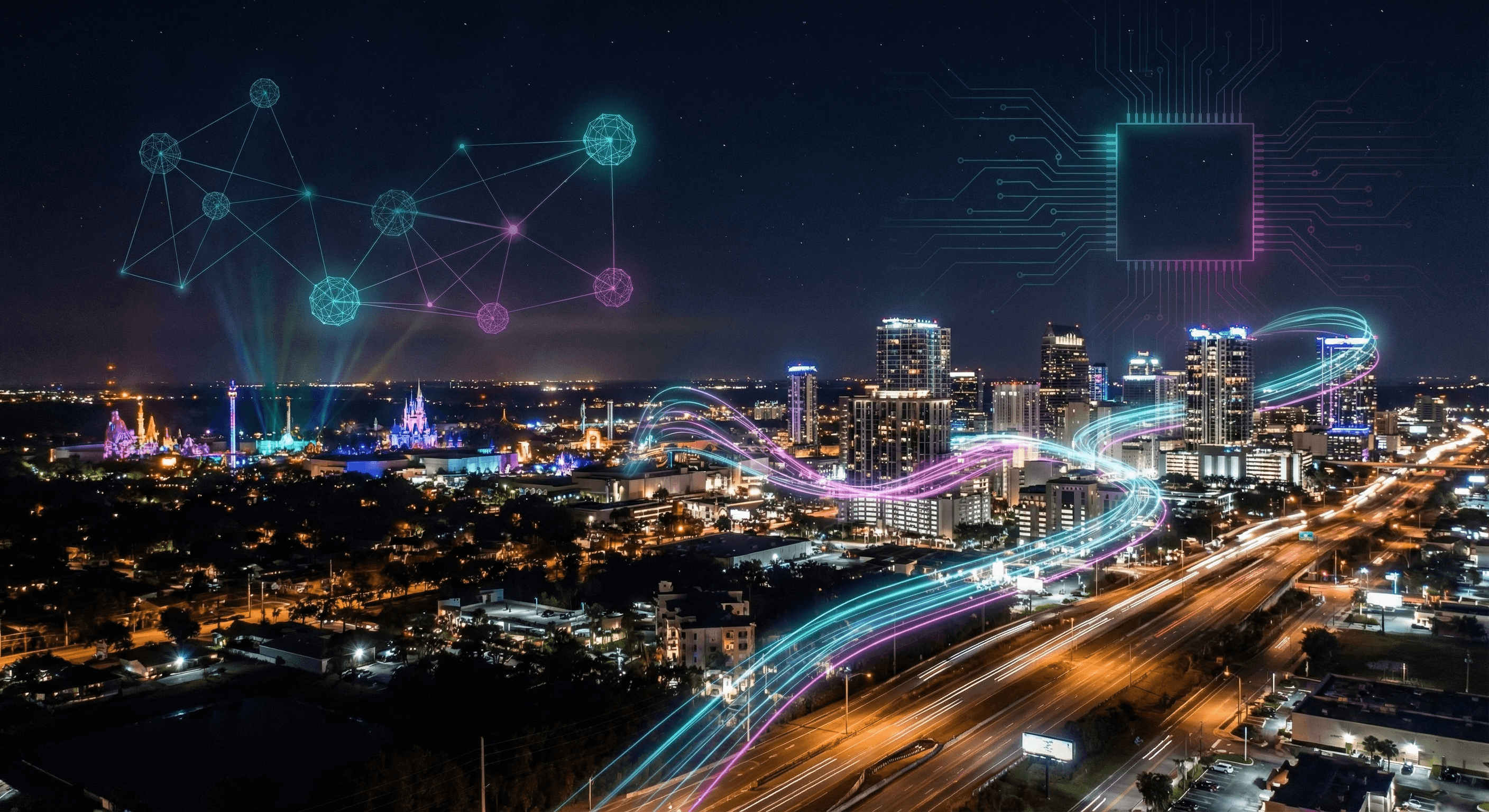 Photorealistic nighttime aerial view of the Orlando skyline with holographic AR overlays representing AI-powered connections across the tourism and technology economy in cyan and purple lighting