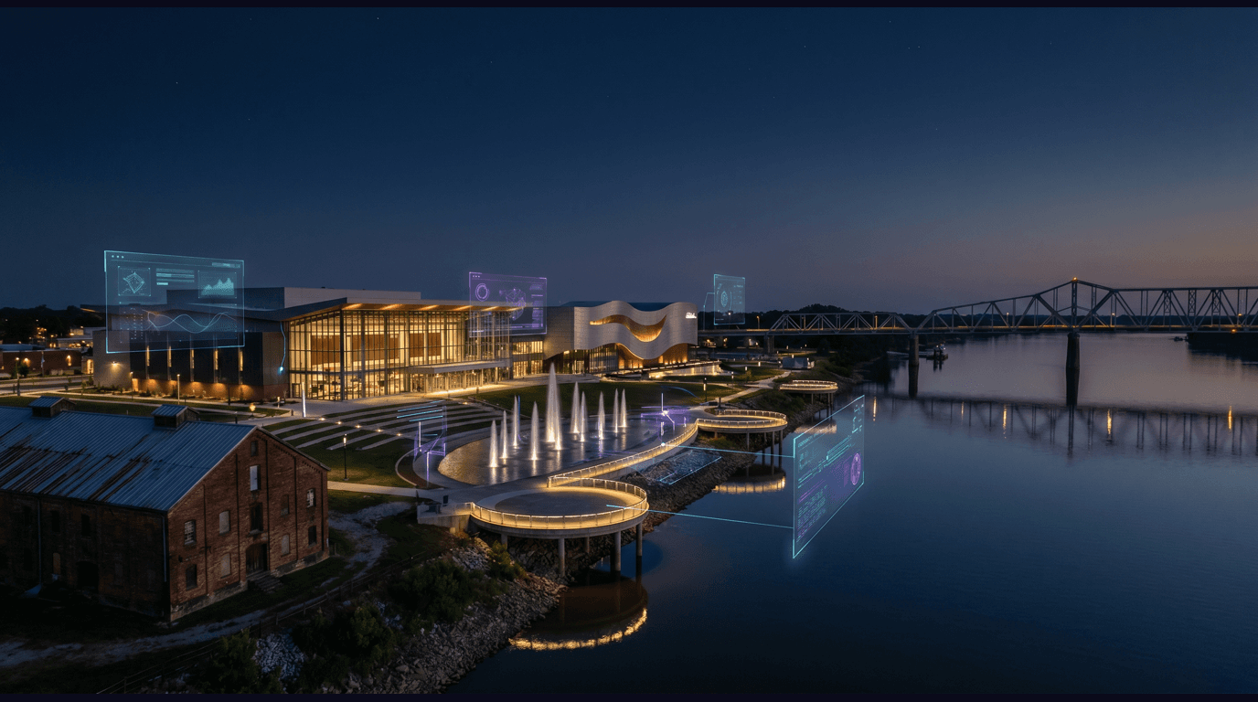 Owensboro skyline with the Ohio River waterfront, the Owensboro Convention Center, the Bluegrass Music Hall of Fame, Smothers Park fountains, and the Glover H. Cary Bridge against a dark navy sky with cyan and purple holographic data panels