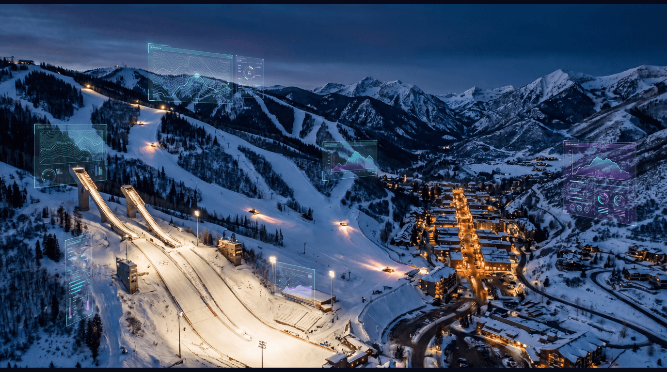 Park City skyline with Park City Mountain ski runs, Deer Valley Empire Pass, historic Main Street, Utah Olympic Park ski jumps, and Wasatch Back peaks against a dark navy sky with cyan and purple holographic data panels