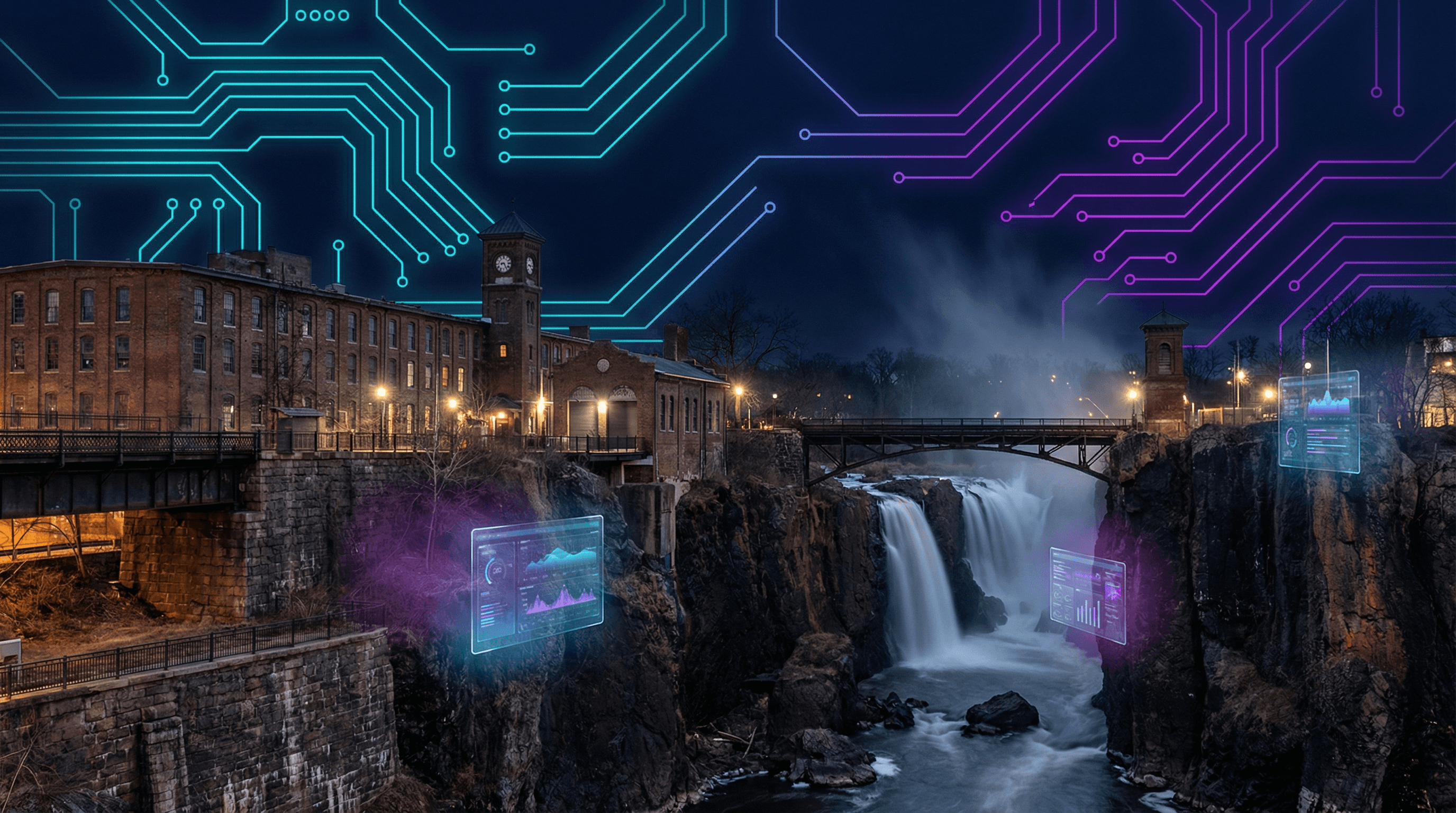 Paterson Great Falls waterfall with historic mill buildings, Passaic River, and industrial heritage architecture against a dark navy sky with cyan and purple circuit board patterns and glassmorphism data panels