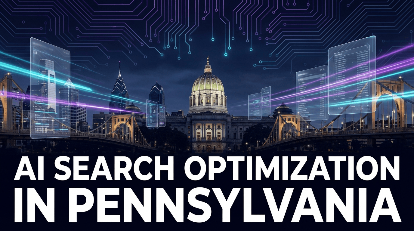 Dark navy cityscape blending Philadelphia and Pittsburgh skylines with a state capitol dome, steel bridge elements, and holographic cyan and purple UI panels with data streams