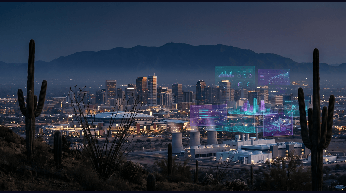 Phoenix skyline with downtown towers, Camelback Mountain silhouette, Chase Field, the TSMC Arizona semiconductor campus, and Sonoran Desert saguaros against a dark navy sky with cyan and purple holographic data panels