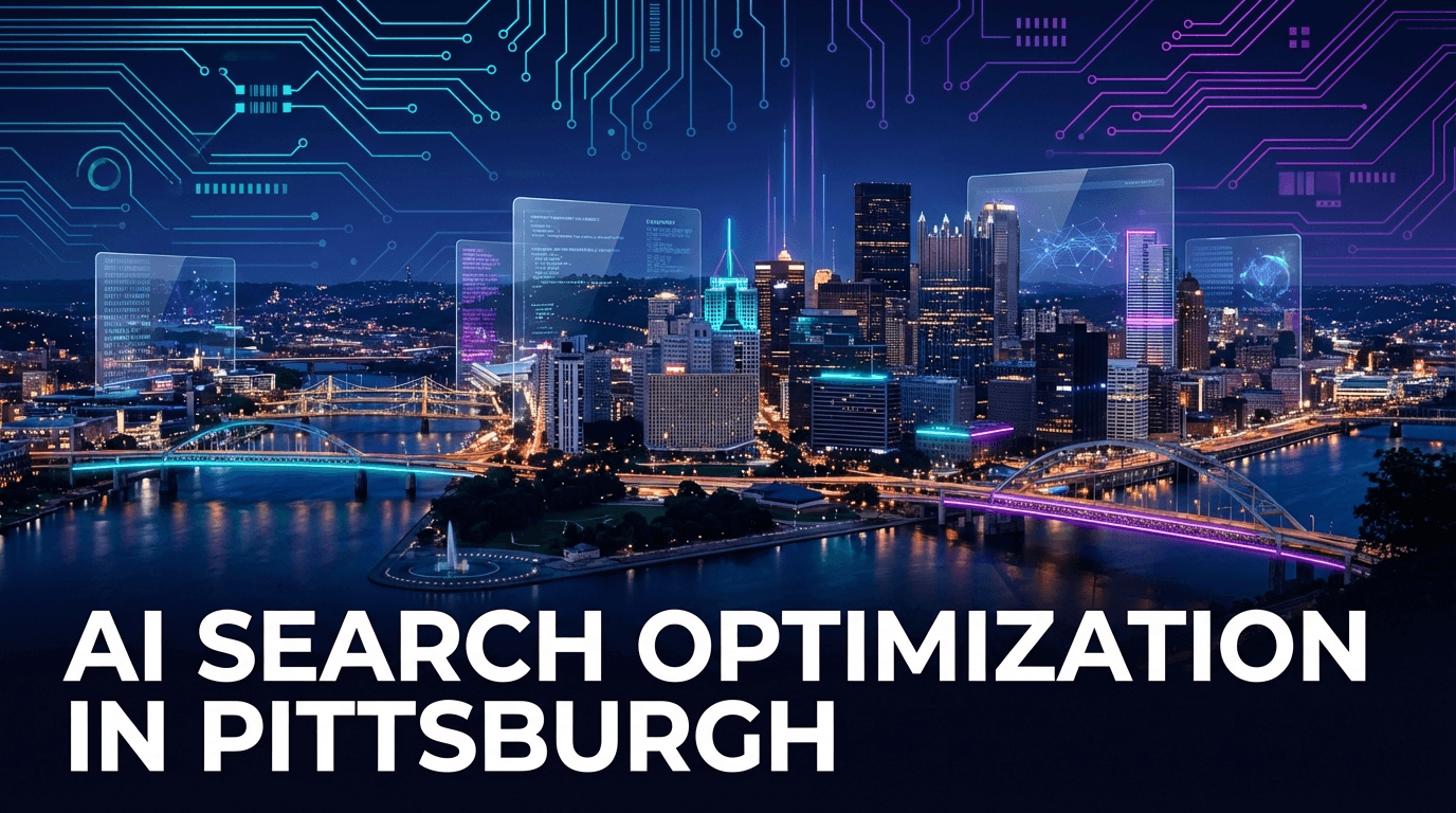 Pittsburgh skyline with three rivers confluence, steel bridges, Cathedral of Learning, and PPG Place glass spires against a dark navy sky with cyan and purple circuit board patterns and glassmorphism data panels