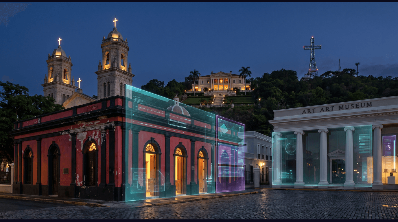 Ponce skyline with the red-and-black Parque de Bombas firehouse, Plaza Las Delicias cathedral, Castillo Serralles mansion on El Vigia Hill, the Museo de Arte de Ponce, and the La Guancha boardwalk against a dark navy sky with cyan and purple holographic data panels