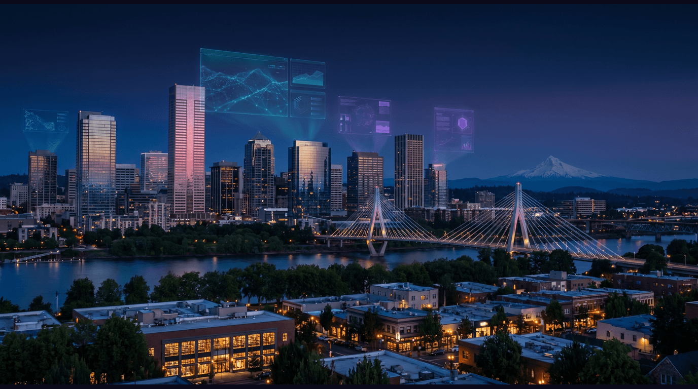 Portland skyline with Pearl District towers, Mount Hood snowy peak in the distance, Powell's City of Books, the Tilikum Crossing bridge, Forest Park canopy, and the Willamette River against a dark navy sky with cyan and purple holographic data panels