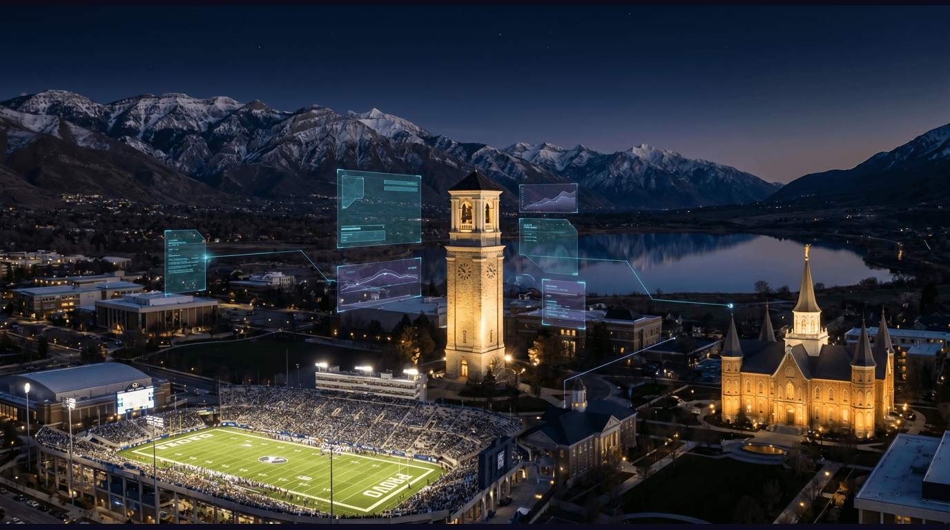 Provo skyline with BYU campus bell tower, LaVell Edwards Stadium, Provo City Center Temple, Mount Timpanogos peaks, and Utah Lake against a dark navy sky with cyan and purple holographic data panels