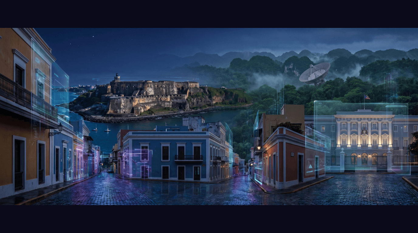 Puerto Rico skyline with Old San Juan colonial architecture, Castillo San Felipe del Morro fort, El Yunque rainforest canopy, La Fortaleza governor's mansion, and Arecibo Observatory dish against a dark navy sky with cyan and purple holographic data panels
