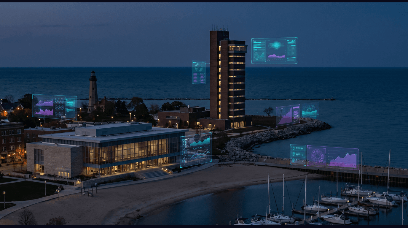 Racine skyline with the Frank Lloyd Wright Johnson Wax Research Tower, Wind Point Lighthouse on Lake Michigan, Racine Art Museum facade, North Beach shoreline, and the Reefpoint Marina against a dark navy sky with cyan and purple holographic data panels