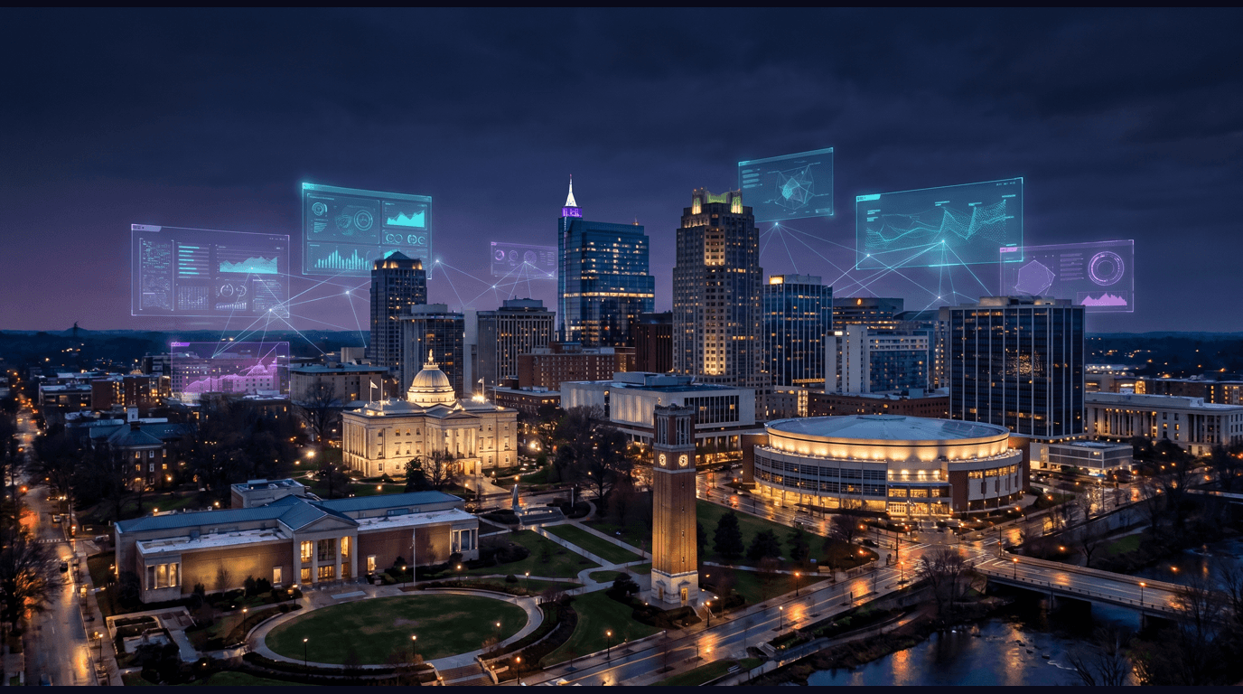 Raleigh skyline with North Carolina State Capitol, Red Hat Tower, Lenovo Center, North Carolina Museum of Art sculpture park, and NC State bell tower against a dark navy sky with cyan and purple holographic data panels