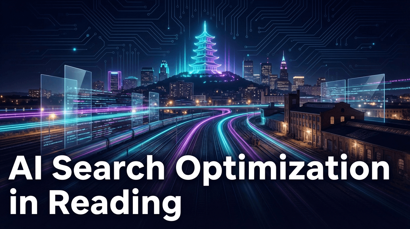 Reading cityscape with the Pagoda on Mount Penn, railroad heritage elements, and factory aesthetics mixed with futuristic cyan and purple data streams against a dark navy background