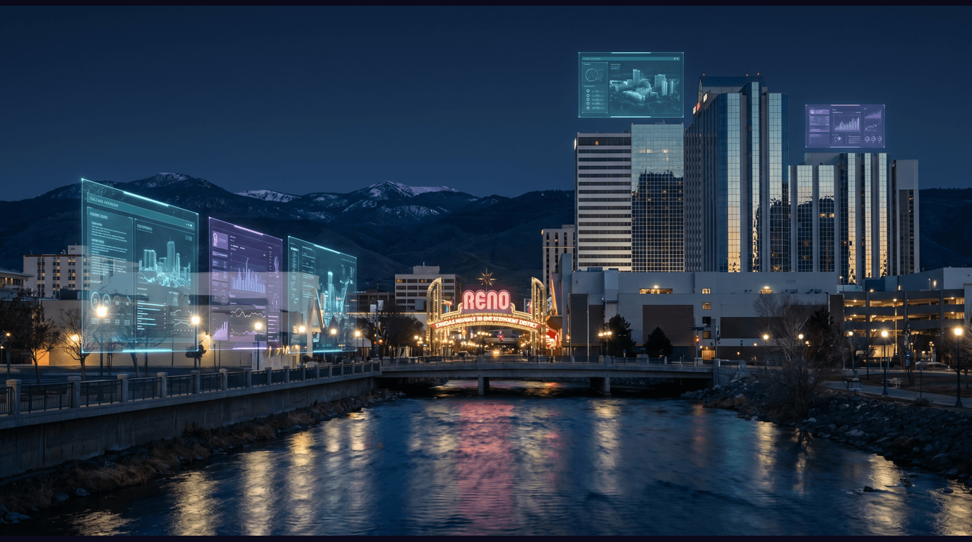 Reno skyline with the Reno Arch on Virginia Street, downtown casinos along the Truckee River, University of Nevada campus, Tesla Gigafactory at Tahoe Reno Industrial Center, and Sierra Nevada mountain backdrop against a dark navy sky with cyan and purple holographic data panels