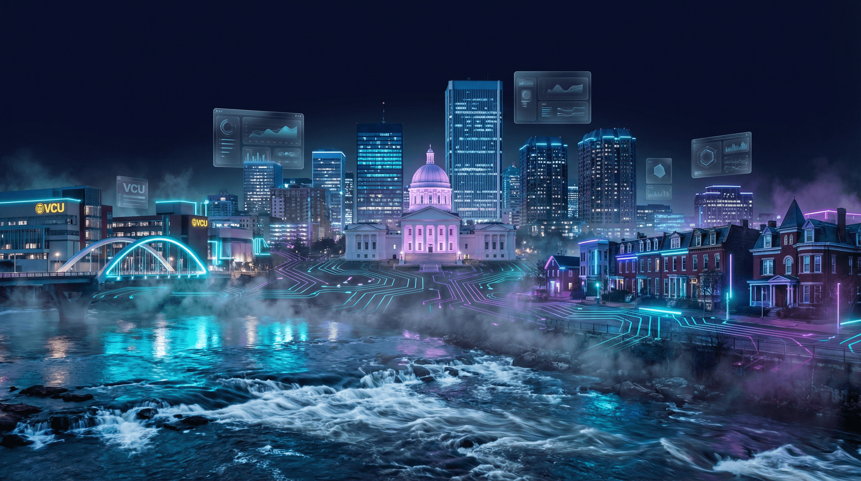 Richmond Virginia skyline with James River rapids, State Capitol building, Fortune 500 corporate towers, VCU campus, and historic Carytown district against a dark navy sky with cyan and purple holographic data panels