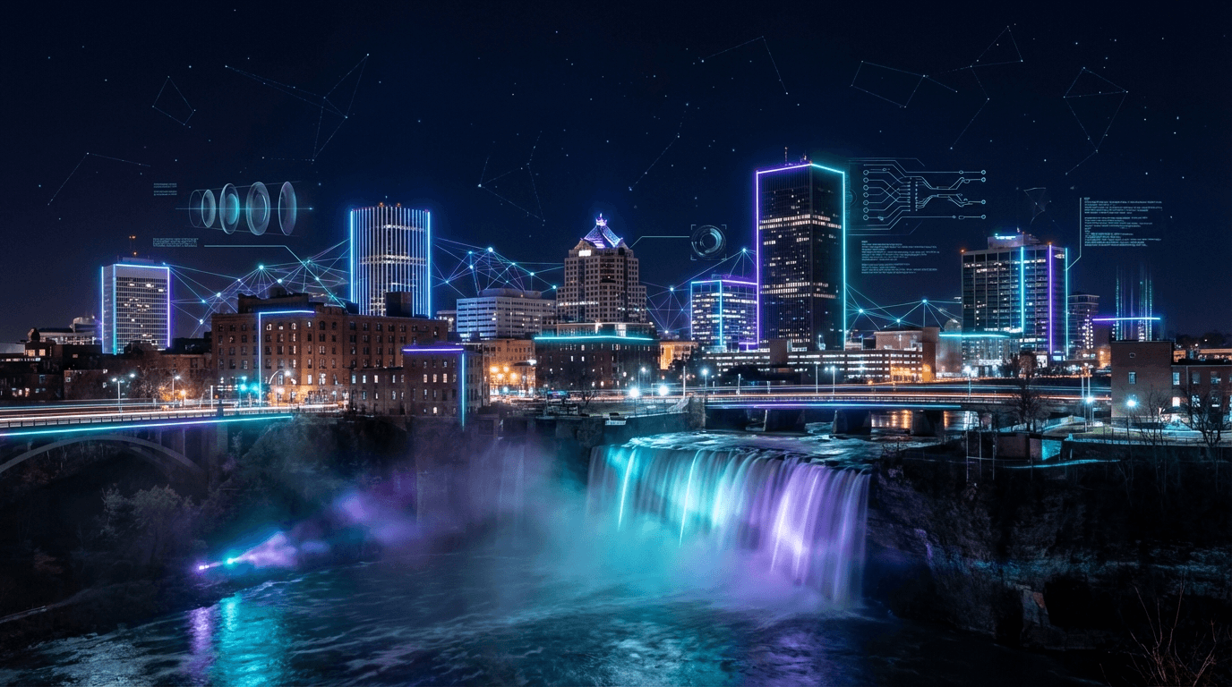 3D stylized render of the Rochester, New York skyline featuring the Genesee River gorge and downtown skyline in cyan and purple gradient lighting, representing AI search optimization for Rochester businesses