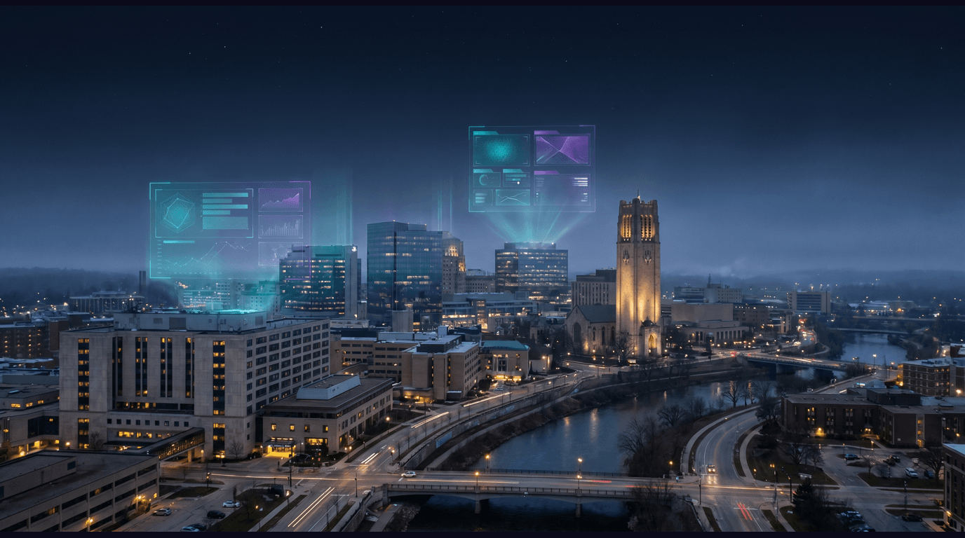 Rochester skyline with the Mayo Clinic Plummer Building, Gonda Building, Peace Plaza, Saint Marys Hospital campus, and the Zumbro River against a dark navy sky with cyan and purple holographic data panels